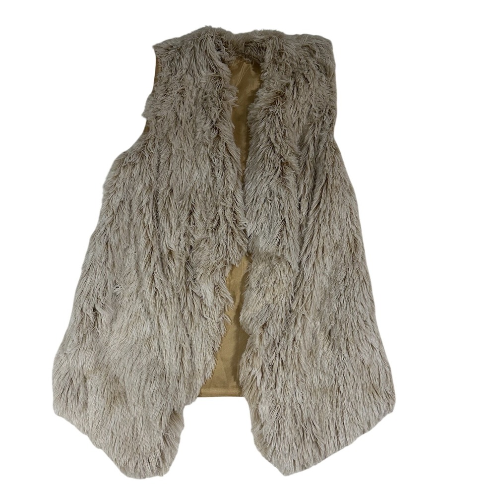 Skyliné Women Shaggy Faux Fur Vest Beige Tan Open Front Sleeveless Layer L NWT